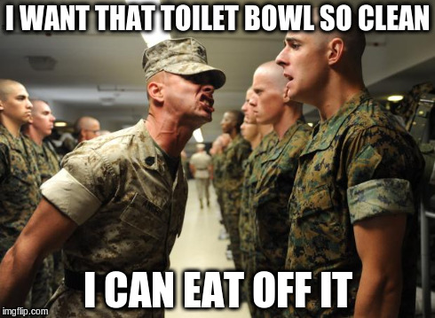 drill sergeant | I WANT THAT TOILET BOWL SO CLEAN I CAN EAT OFF IT | image tagged in drill sergeant | made w/ Imgflip meme maker