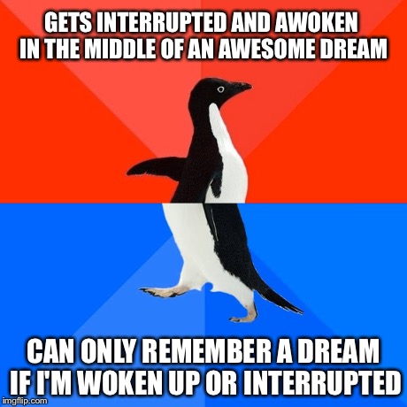 Socially Awesome Awkward Penguin | GETS INTERRUPTED AND AWOKEN IN THE MIDDLE OF AN AWESOME DREAM CAN ONLY REMEMBER A DREAM IF I'M WOKEN UP OR INTERRUPTED | image tagged in memes,socially awesome awkward penguin,AdviceAnimals | made w/ Imgflip meme maker
