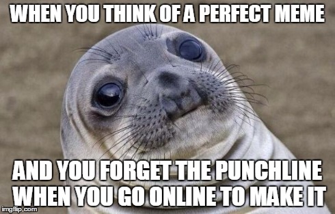 Awkward Moment Sealion | WHEN YOU THINK OF A PERFECT MEME AND YOU FORGET THE PUNCHLINE WHEN YOU GO ONLINE TO MAKE IT | image tagged in memes,awkward moment sealion | made w/ Imgflip meme maker