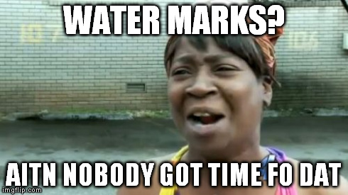 Ain't Nobody Got Time For That Meme | WATER MARKS? AITN NOBODY GOT TIME FO DAT | image tagged in memes,aint nobody got time for that | made w/ Imgflip meme maker