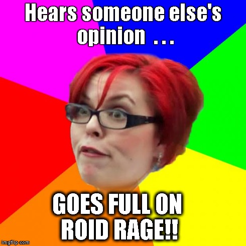 angry feminist | Hears someone else's opinion  . . . GOES FULL ON ROID RAGE!! | image tagged in angry feminist | made w/ Imgflip meme maker