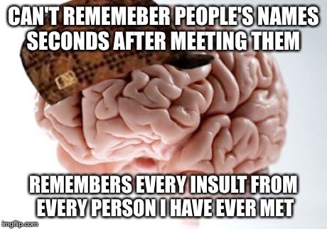 Scumbag Brain | CAN'T REMEMEBER PEOPLE'S NAMES SECONDS AFTER MEETING THEM REMEMBERS EVERY INSULT FROM EVERY PERSON I HAVE EVER MET | image tagged in memes,scumbag brain,AdviceAnimals | made w/ Imgflip meme maker