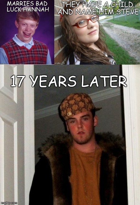 The Unholy Union - Scumbag Steve Origins | 17 YEARS LATER | image tagged in bad luck brian,bad luck hannah,scumbag steve | made w/ Imgflip meme maker