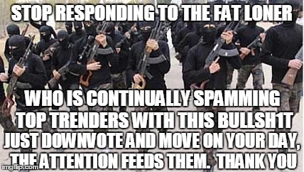 Fat loner, fat loner, where for art thou? | STOP RESPONDING TO THE FAT LONER WHO IS CONTINUALLY SPAMMING TOP TRENDERS WITH THIS BULLSH1T JUST DOWNVOTE AND MOVE ON YOUR DAY, THE ATTENTI | image tagged in isis | made w/ Imgflip meme maker