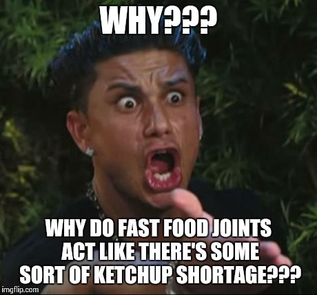 DJ Pauly D | WHY??? WHY DO FAST FOOD JOINTS ACT LIKE THERE'S SOME SORT OF KETCHUP SHORTAGE??? | image tagged in memes,dj pauly d | made w/ Imgflip meme maker