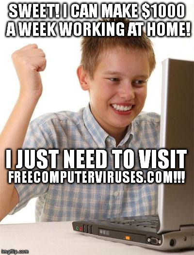 Seems legit. | SWEET! I CAN MAKE $1000 A WEEK WORKING AT HOME! I JUST NEED TO VISIT FREECOMPUTERVIRUSES.COM!!! | image tagged in memes,first day on the internet kid | made w/ Imgflip meme maker