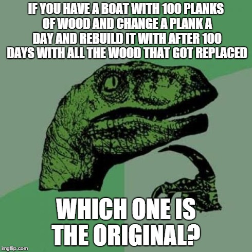 Philosoraptor Meme | IF YOU HAVE A BOAT WITH 100 PLANKS OF WOOD AND CHANGE A PLANK A DAY AND REBUILD IT WITH AFTER 100 DAYS WITH ALL THE WOOD THAT GOT REPLACED W | image tagged in memes,philosoraptor | made w/ Imgflip meme maker