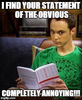 Sheldon Cooper | I FIND YOUR STATEMENT OF THE OBVIOUS COMPLETELY ANNOYING!!! | image tagged in sheldon cooper | made w/ Imgflip meme maker