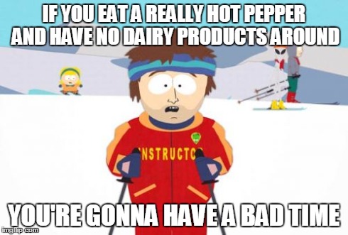Super Cool Ski Instructor | IF YOU EAT A REALLY HOT PEPPER AND HAVE NO DAIRY PRODUCTS AROUND YOU'RE GONNA HAVE A BAD TIME | image tagged in memes,super cool ski instructor | made w/ Imgflip meme maker