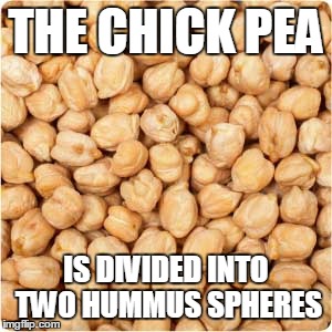 Hummus Spheres | THE CHICK PEA IS DIVIDED INTO TWO HUMMUS SPHERES | image tagged in funny memes,food,chick peas,hummus,puns | made w/ Imgflip meme maker