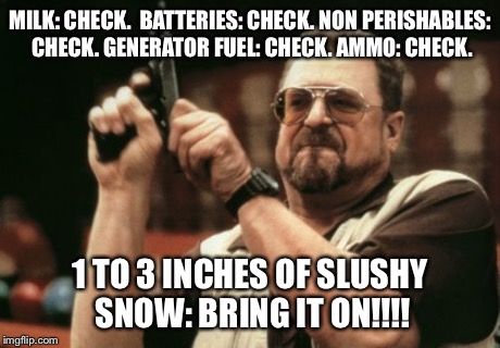 Am I The Only One Around Here Meme | MILK: CHECK.  BATTERIES: CHECK. NON PERISHABLES: CHECK. GENERATOR FUEL: CHECK. AMMO: CHECK. 1 TO 3 INCHES OF SLUSHY SNOW: BRING IT ON!!!! | image tagged in memes,am i the only one around here | made w/ Imgflip meme maker