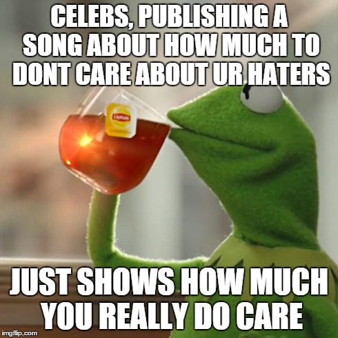 But That's None Of My Business | CELEBS, PUBLISHING A SONG ABOUT HOW MUCH TO DONT CARE ABOUT UR HATERS JUST SHOWS HOW MUCH YOU REALLY DO CARE | image tagged in memes,but thats none of my business,kermit the frog | made w/ Imgflip meme maker