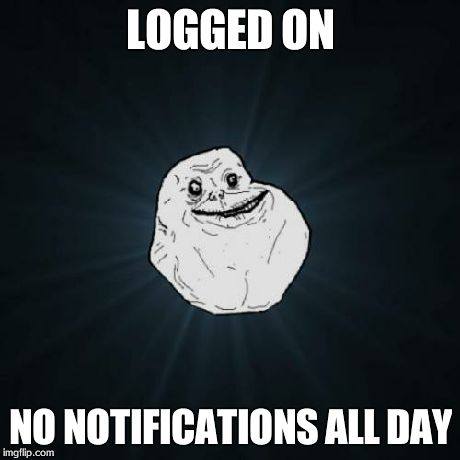 Forever Alone | LOGGED ON NO NOTIFICATIONS ALL DAY | image tagged in memes,forever alone | made w/ Imgflip meme maker