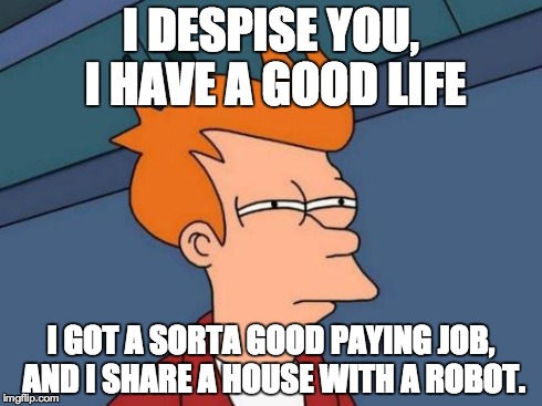 Futurama Fry Meme | I DESPISE YOU, I HAVE A GOOD LIFE I GOT A SORTA GOOD PAYING JOB, AND I SHARE A HOUSE WITH A ROBOT. | image tagged in memes,futurama fry | made w/ Imgflip meme maker