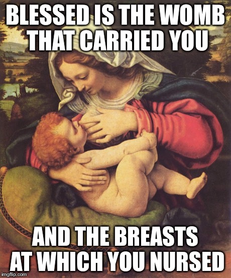 BLESSED IS THE WOMB THAT CARRIED YOU AND THE BREASTS AT WHICH YOU NURSED | image tagged in breastfeeding,bible,mary,jesus,baby | made w/ Imgflip meme maker