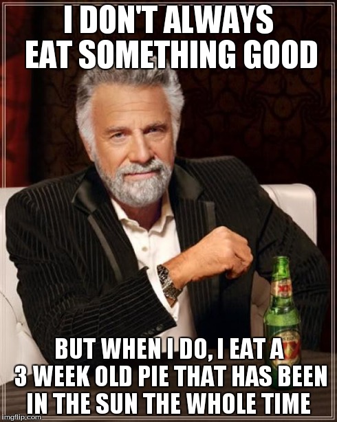 The Most Interesting Man In The World Meme | I DON'T ALWAYS EAT SOMETHING GOOD BUT WHEN I DO, I EAT A 3 WEEK OLD PIE THAT HAS BEEN IN THE SUN THE WHOLE TIME | image tagged in memes,the most interesting man in the world | made w/ Imgflip meme maker