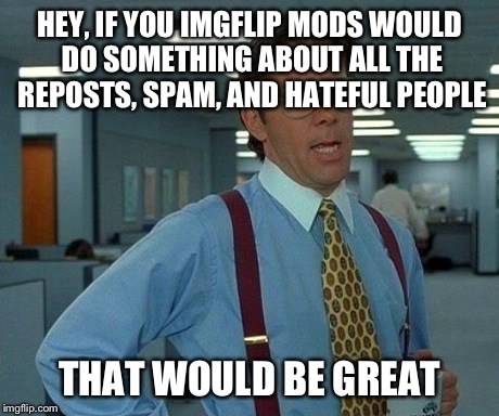 I know even if this isn't featured, that you submission team people saw it, so lets do something finally ok? | HEY, IF YOU IMGFLIP MODS WOULD DO SOMETHING ABOUT ALL THE REPOSTS, SPAM, AND HATEFUL PEOPLE THAT WOULD BE GREAT | image tagged in memes,that would be great | made w/ Imgflip meme maker