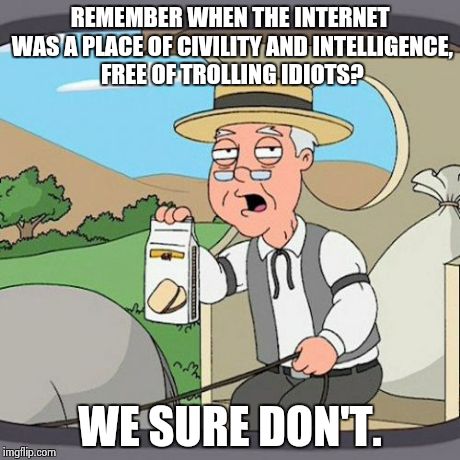 Pepperidge Farm Remembers | REMEMBER WHEN THE INTERNET WAS A PLACE OF CIVILITY AND INTELLIGENCE, FREE OF TROLLING IDIOTS? WE SURE DON'T. | image tagged in memes,pepperidge farm remembers | made w/ Imgflip meme maker