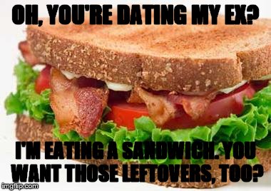 Sandwiches Are Beautiful | OH, YOU'RE DATING MY EX? I'M EATING A SANDWICH. YOU WANT THOSE LEFTOVERS, TOO? | image tagged in sandwiches are beautiful | made w/ Imgflip meme maker