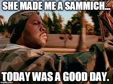 ice cube | SHE MADE ME A SAMMICH... TODAY WAS A GOOD DAY. | image tagged in ice cube | made w/ Imgflip meme maker
