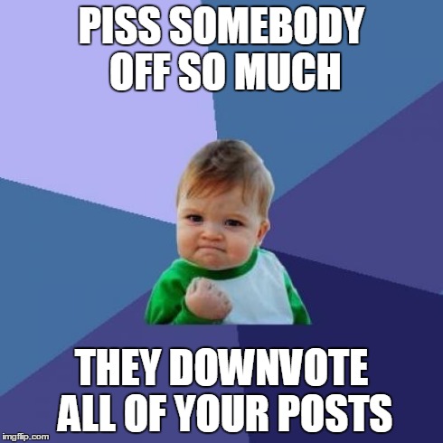 Success Kid | PISS SOMEBODY OFF SO MUCH THEY DOWNVOTE ALL OF YOUR POSTS | image tagged in memes,success kid,AdviceAnimals | made w/ Imgflip meme maker