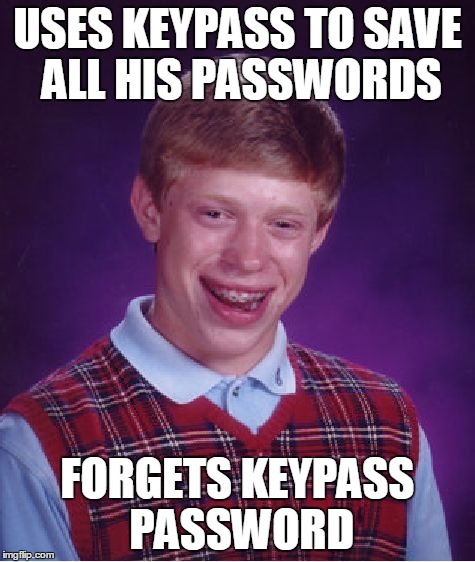 USES KEYPASS TO SAVE ALL HIS PASSWORDS FORGETS KEYPASS PASSWORD | image tagged in memes,bad luck brian | made w/ Imgflip meme maker