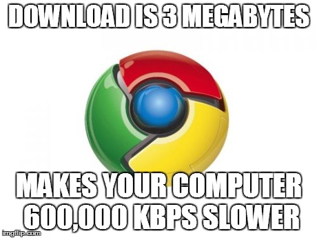 Google Chrome Meme | DOWNLOAD IS 3 MEGABYTES MAKES YOUR COMPUTER 600,000 KBPS SLOWER | image tagged in memes,google chrome | made w/ Imgflip meme maker