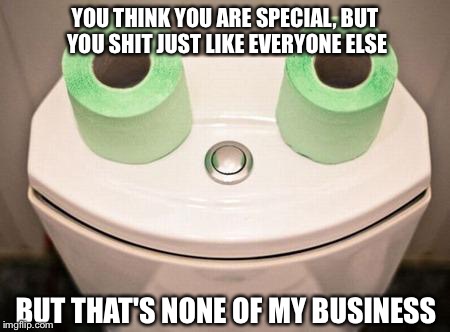 Kermit the toilet | YOU THINK YOU ARE SPECIAL, BUT YOU SHIT JUST LIKE EVERYONE ELSE BUT THAT'S NONE OF MY BUSINESS | image tagged in happy toilet,reality check,kermit the frog,kermit the toilet,but thats none of my business | made w/ Imgflip meme maker