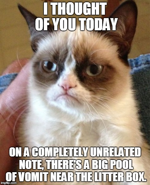 Grumpy Cat Meme | I THOUGHT OF YOU TODAY ON A COMPLETELY UNRELATED NOTE, THERE'S A BIG POOL OF VOMIT NEAR THE LITTER BOX. | image tagged in memes,grumpy cat | made w/ Imgflip meme maker