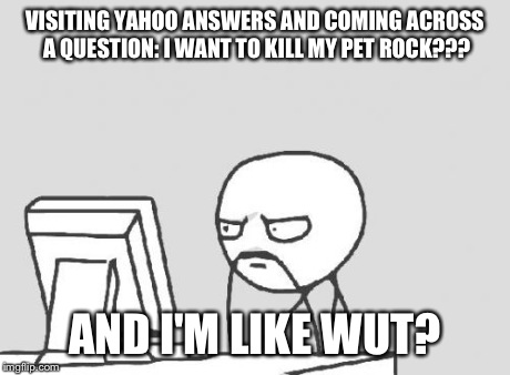 Computer Guy Meme | VISITING YAHOO ANSWERS AND COMING ACROSS A QUESTION: I WANT TO KILL MY PET ROCK??? AND I'M LIKE WUT? | image tagged in memes,computer guy | made w/ Imgflip meme maker