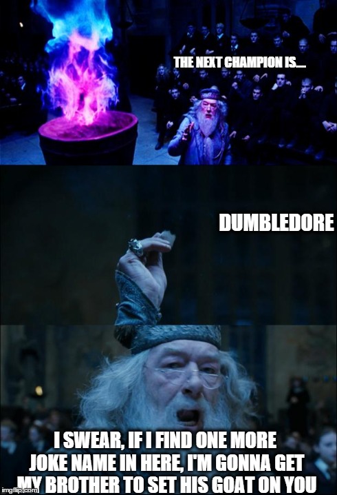 Goblet of Fire | THE NEXT CHAMPION IS.... DUMBLEDORE I SWEAR, IF I FIND ONE MORE JOKE NAME IN HERE, I'M GONNA GET MY BROTHER TO SET HIS GOAT ON YOU | image tagged in goblet of fire,harry potter | made w/ Imgflip meme maker