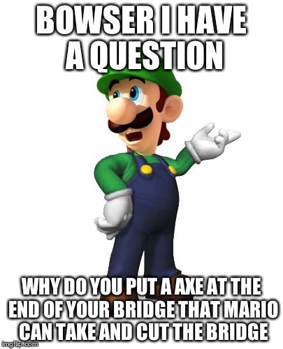 Logic Luigi | BOWSER I HAVE A QUESTION WHY DO YOU PUT A AXE AT THE END OF YOUR BRIDGE THAT MARIO CAN TAKE AND CUT THE BRIDGE | image tagged in logic luigi | made w/ Imgflip meme maker