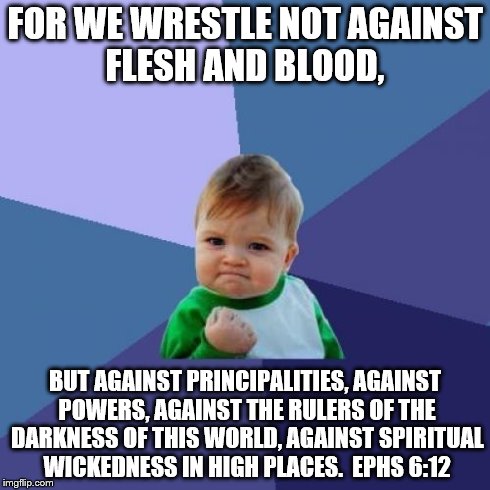 Success Kid Meme | FOR WE WRESTLE NOT AGAINST FLESH AND BLOOD, BUT AGAINST PRINCIPALITIES, AGAINST POWERS, AGAINST THE RULERS OF THE DARKNESS OF THIS WORLD, AG | image tagged in memes,success kid | made w/ Imgflip meme maker