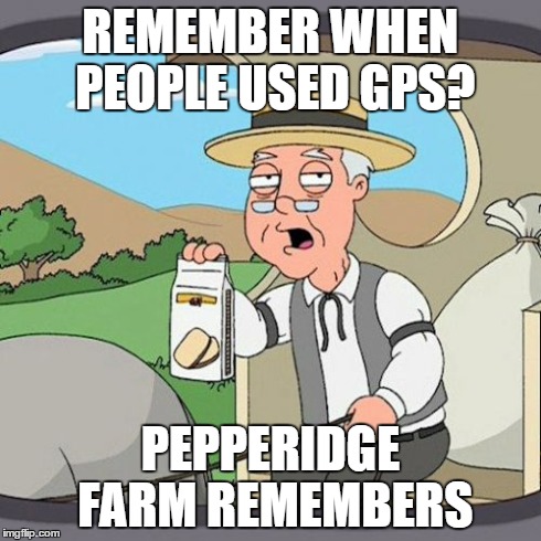 Pepperidge Farm Remembers | REMEMBER WHEN PEOPLE USED GPS? PEPPERIDGE FARM REMEMBERS | image tagged in memes,pepperidge farm remembers | made w/ Imgflip meme maker