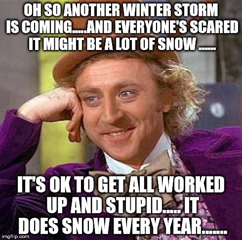 Creepy Condescending Wonka Meme | OH SO ANOTHER WINTER STORM IS COMING.....AND EVERYONE'S SCARED IT MIGHT BE A LOT OF SNOW ...... IT'S OK TO GET ALL WORKED UP AND STUPID..... | image tagged in memes,creepy condescending wonka | made w/ Imgflip meme maker
