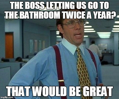 That Would Be Great | THE BOSS LETTING US GO TO THE BATHROOM TWICE A YEAR? THAT WOULD BE GREAT | image tagged in memes,that would be great | made w/ Imgflip meme maker