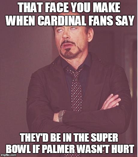 Face You Make Robert Downey Jr Meme | THAT FACE YOU MAKE WHEN CARDINAL FANS SAY THEY'D BE IN THE SUPER BOWL IF PALMER WASN'T HURT | image tagged in memes,face you make robert downey jr | made w/ Imgflip meme maker