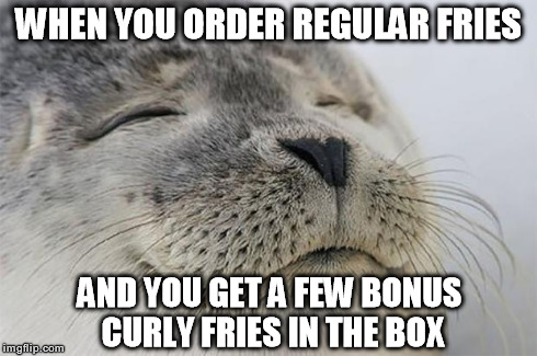 Always a welcome surprise | WHEN YOU ORDER REGULAR FRIES AND YOU GET A FEW BONUS CURLY FRIES IN THE BOX | image tagged in memes,satisfied seal,fast food,funny | made w/ Imgflip meme maker