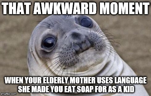 Awkward Moment Sealion | THAT AWKWARD MOMENT WHEN YOUR ELDERLY MOTHER USES LANGUAGE SHE MADE YOU EAT SOAP FOR AS A KID | image tagged in memes,awkward moment sealion | made w/ Imgflip meme maker