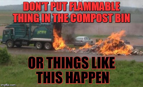 garbagefire | DON'T PUT FLAMMABLE THING IN THE COMPOST BIN OR THINGS LIKE THIS HAPPEN | image tagged in garbagefire | made w/ Imgflip meme maker