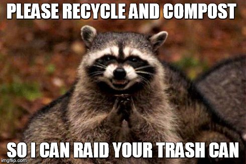 Evil Plotting Raccoon | PLEASE RECYCLE AND COMPOST SO I CAN RAID YOUR TRASH CAN | image tagged in memes,evil plotting raccoon | made w/ Imgflip meme maker