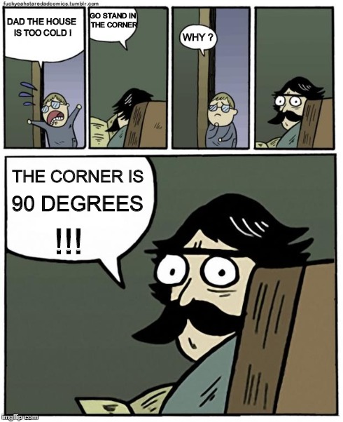 Bad pun stare dad | DAD THE HOUSE IS TOO COLD ! GO STAND IN THE CORNER WHY ? THE CORNER IS 90 DEGREES !!! | image tagged in stare dad,memes,bad pun,advice | made w/ Imgflip meme maker