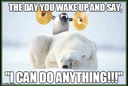 Penguin Courage | THE DAY YOU WAKE UP AND SAY, "I CAN DO ANYTHING!!!" | image tagged in penguin,cymbals,courage,polar bear | made w/ Imgflip meme maker