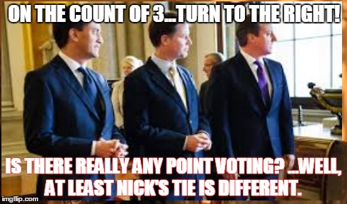 ON THE COUNT OF 3...TURN TO THE RIGHT! IS THERE REALLY ANY POINT VOTING? ...WELL, AT LEAST NICK'S TIE IS DIFFERENT. | made w/ Imgflip meme maker