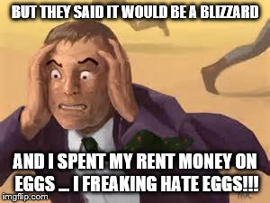 BUT THEY SAID IT WOULD BE A BLIZZARD AND I SPENT MY RENT MONEY ON EGGS ... I FREAKING HATE EGGS!!! | image tagged in blizzard | made w/ Imgflip meme maker