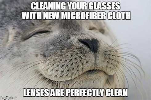 Satisfied Seal Meme | CLEANING YOUR GLASSES WITH NEW MICROFIBER CLOTH LENSES ARE PERFECTLY CLEAN | image tagged in memes,satisfied seal,AdviceAnimals | made w/ Imgflip meme maker