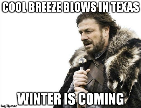 Brace Yourselves X is Coming | COOL BREEZE BLOWS IN TEXAS WINTER IS COMING | image tagged in memes,brace yourselves x is coming | made w/ Imgflip meme maker