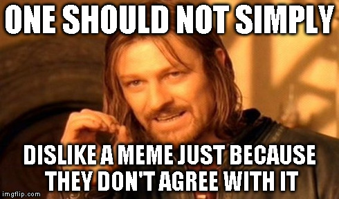 One Does Not Simply Meme | ONE SHOULD NOT SIMPLY DISLIKE A MEME JUST BECAUSE THEY DON'T AGREE WITH IT | image tagged in memes,one does not simply | made w/ Imgflip meme maker