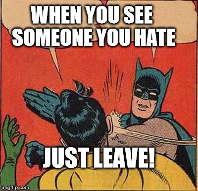 Batman Slapping Robin | WHEN YOU SEE SOMEONE YOU HATE JUST LEAVE! | image tagged in memes,batman slapping robin | made w/ Imgflip meme maker