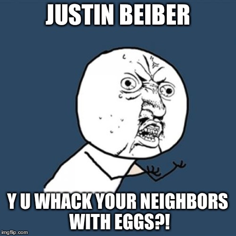 Y U No | JUSTIN BEIBER Y U WHACK YOUR NEIGHBORS WITH EGGS?! | image tagged in memes,y u no | made w/ Imgflip meme maker